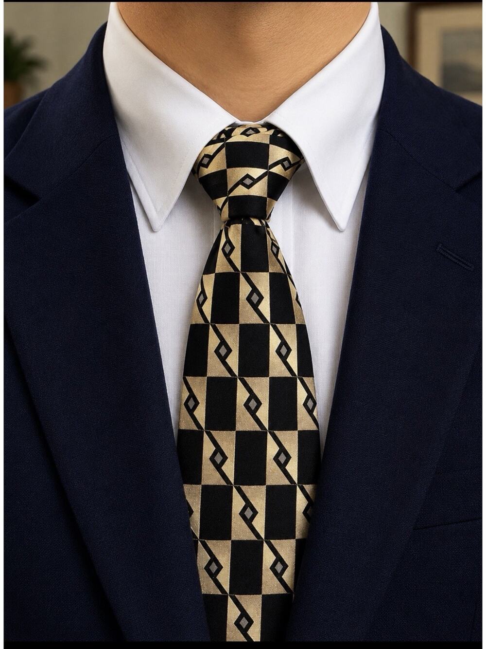 VTG Di Moggio Gold 100% Silk Tie Black Gold Geometric Abstract Necktie Korea